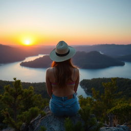 A beautiful Slavic girl wearing denim shorts and a safari hat, sitting and gazing at a large lake with calm blue waters, surrounded by lush green hills