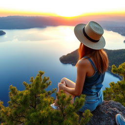 A beautiful Slavic girl wearing denim shorts and a safari hat, sitting and gazing at a large lake with calm blue waters, surrounded by lush green hills