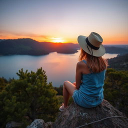 A beautiful Slavic girl wearing denim shorts and a safari hat, sitting and gazing at a large lake with calm blue waters, surrounded by lush green hills