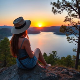 A beautiful Slavic girl wearing denim shorts and a safari hat, sitting and gazing at a large lake with calm blue waters, surrounded by lush green hills