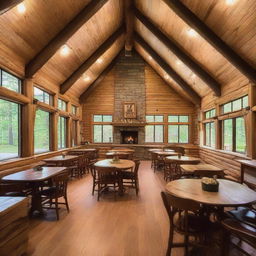 A rustic retreat camp administration building featuring a warm, welcoming gathering area with a robust fireplace. Attached is a vast dining hall, efficiently designed to comfortably seat 80 people.