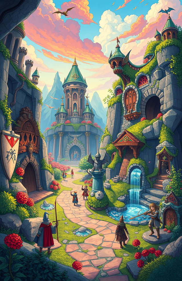 A vibrant and imaginative illustration of Inkwell Isle, featuring fantastical dungeons, mystical landscapes, and epic fantasy elements inspired by Dungeons and Dragons