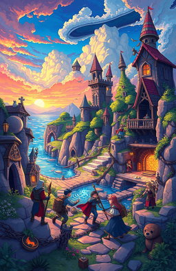 A vibrant and imaginative illustration of Inkwell Isle, featuring fantastical dungeons, mystical landscapes, and epic fantasy elements inspired by Dungeons and Dragons