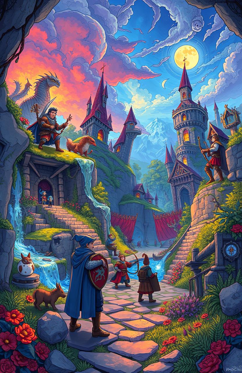 A vibrant and imaginative illustration of Inkwell Isle, featuring fantastical dungeons, mystical landscapes, and epic fantasy elements inspired by Dungeons and Dragons