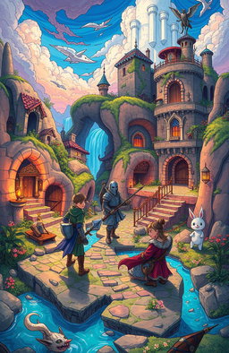 A vibrant and imaginative illustration of Inkwell Isle, featuring fantastical dungeons, mystical landscapes, and epic fantasy elements inspired by Dungeons and Dragons