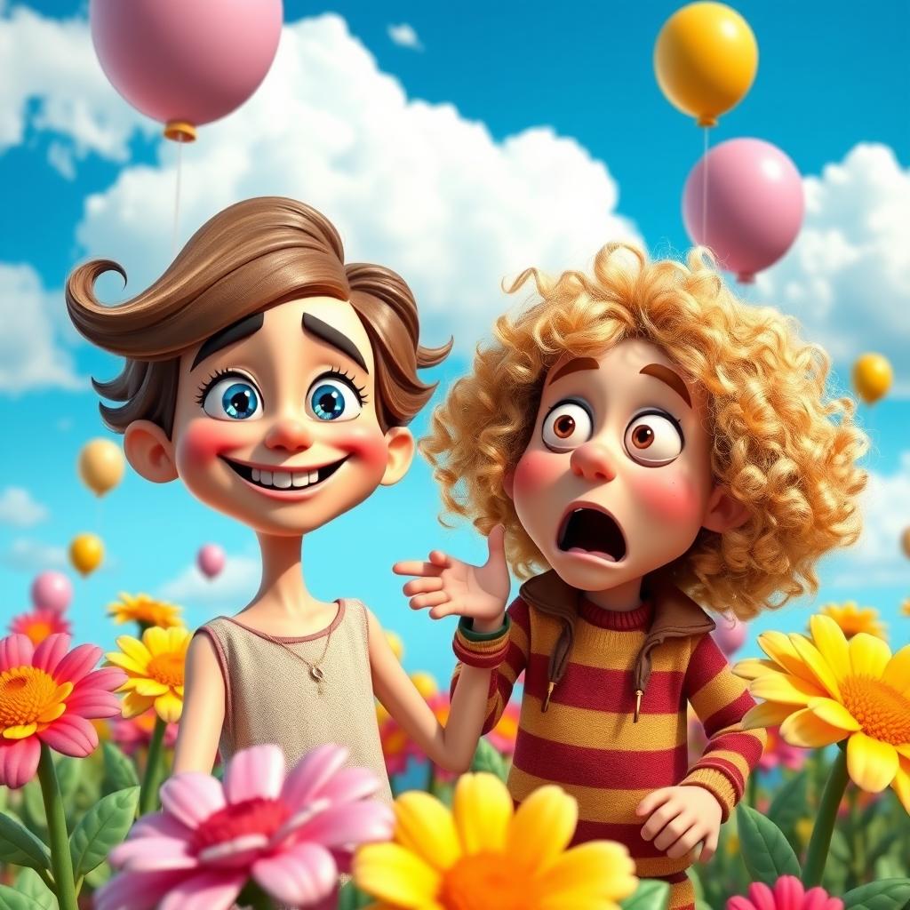 A surreal and humorous concept featuring two distinct characters: the first character has a joyful expression with bright blue eyes and wavy brown hair, while the second character has a comically surprised look with curly blond hair