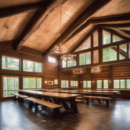 A rustic retreat camp administration building featuring a warm, welcoming gathering area with a robust fireplace. Attached is a vast dining hall, efficiently designed to comfortably seat 80 people.