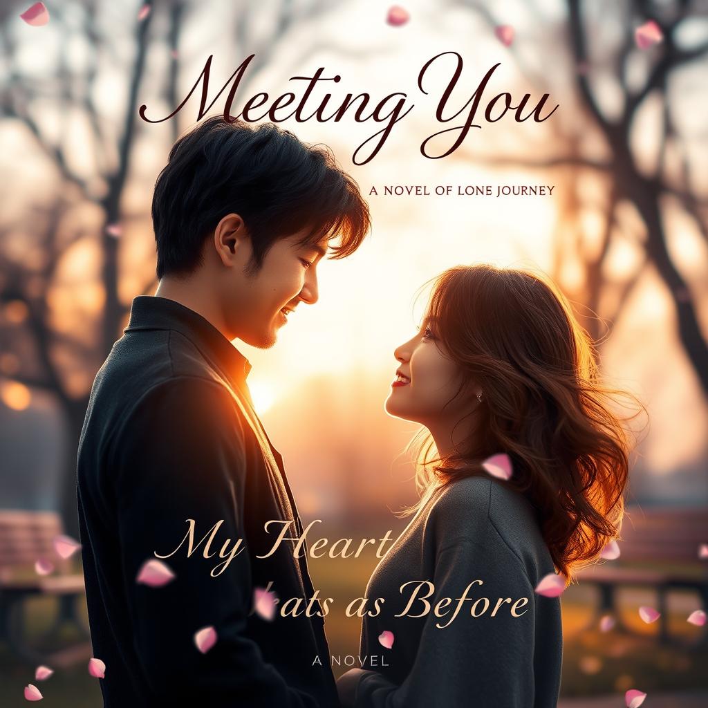An enchanting book cover for a novel titled 'Meeting You, My Heart Beats as Before'