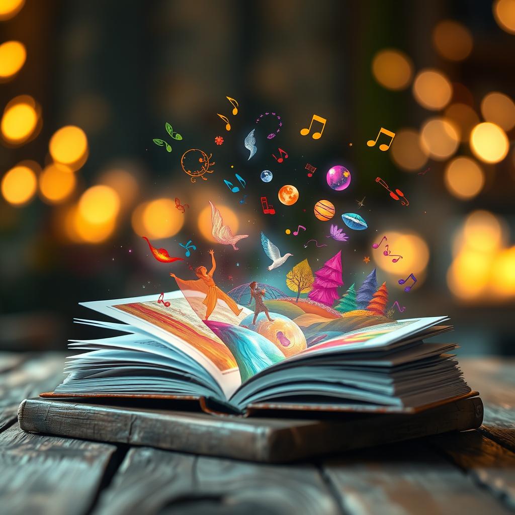 A mystical scene of arts coming to life, with colorful and vibrant illustrations emerging from an open book