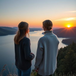 Beautiful Slavic girls wearing a soufflé yarn short cardigan and a 3D knit cashmere turtleneck sweater standing and gazing at a large serene lake with calm blue water, surrounded by lush green hills