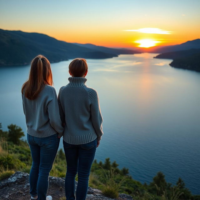 Beautiful Slavic girls wearing a soufflé yarn short cardigan and a 3D knit cashmere turtleneck sweater standing and gazing at a large serene lake with calm blue water, surrounded by lush green hills