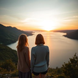 Beautiful Slavic girls wearing a soufflé yarn short cardigan and a 3D knit cashmere turtleneck sweater standing and gazing at a large serene lake with calm blue water, surrounded by lush green hills