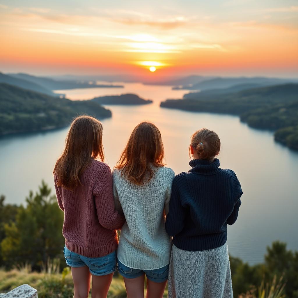 Beautiful Slavic girls wearing a soufflé yarn short cardigan and a 3D knit cashmere turtleneck sweater standing and gazing at a large serene lake with calm blue water, surrounded by lush green hills