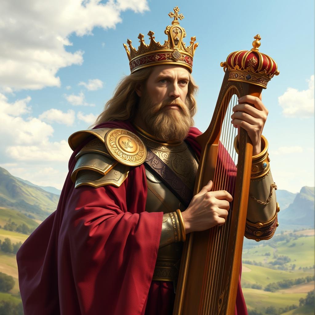 A majestic portrait of King David, depicted as a powerful figure from the biblical era