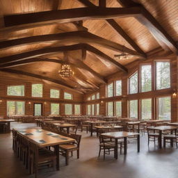 A rustic retreat camp administration building featuring a warm, welcoming gathering area with a robust fireplace. Attached is a vast dining hall, efficiently designed to comfortably seat 80 people.