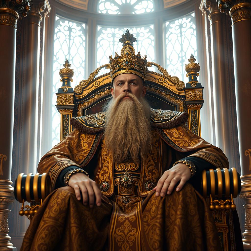 A powerful and regal king sitting on his majestic throne, draped in luxurious robes with intricate golden embroidery