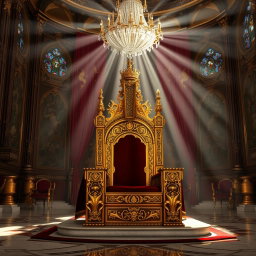A majestic and ornate king's seat sitting in a grand throne room, richly decorated with gold and deep red velvet accents