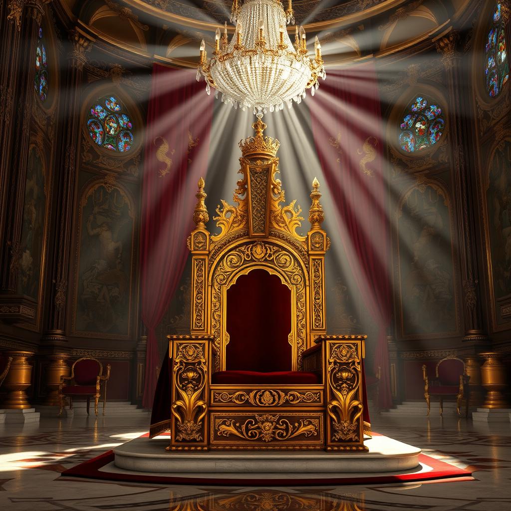 A majestic and ornate king's seat sitting in a grand throne room, richly decorated with gold and deep red velvet accents