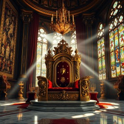 A majestic and ornate king's seat sitting in a grand throne room, richly decorated with gold and deep red velvet accents