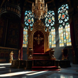 A majestic and ornate king's seat sitting in a grand throne room, richly decorated with gold and deep red velvet accents