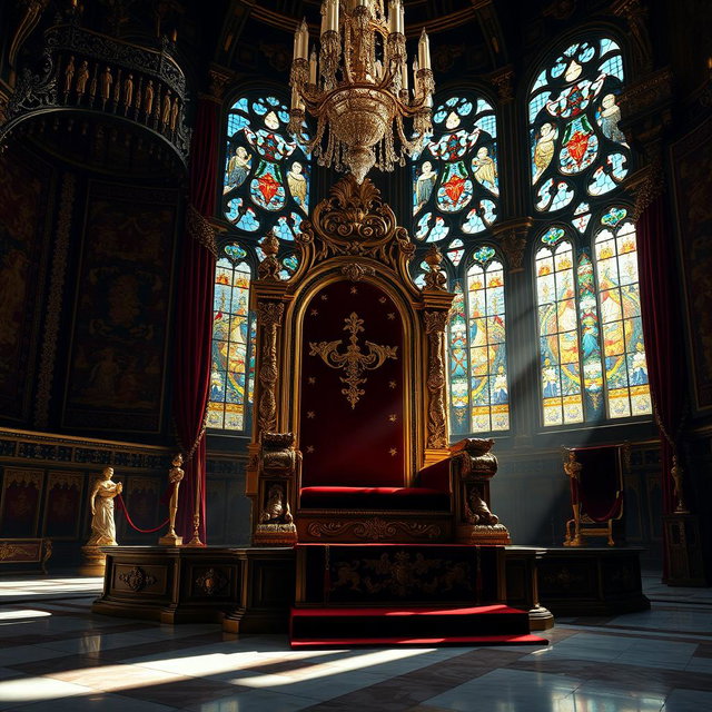A majestic and ornate king's seat sitting in a grand throne room, richly decorated with gold and deep red velvet accents