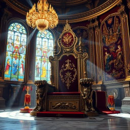 A majestic and ornate king's seat sitting in a grand throne room, richly decorated with gold and deep red velvet accents