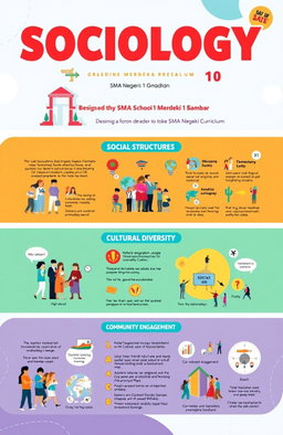 A detailed and colorful educational resource for high school Sociology class (Grade 10), designed according to the Merdeka Curriculum, specifically for SMA Negeri 1 Bandar