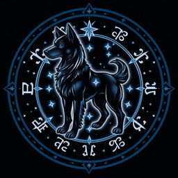 A detailed emblem featuring a stylized dog, surrounded by intricate runes and stars