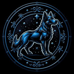 A detailed emblem featuring a stylized dog, surrounded by intricate runes and stars
