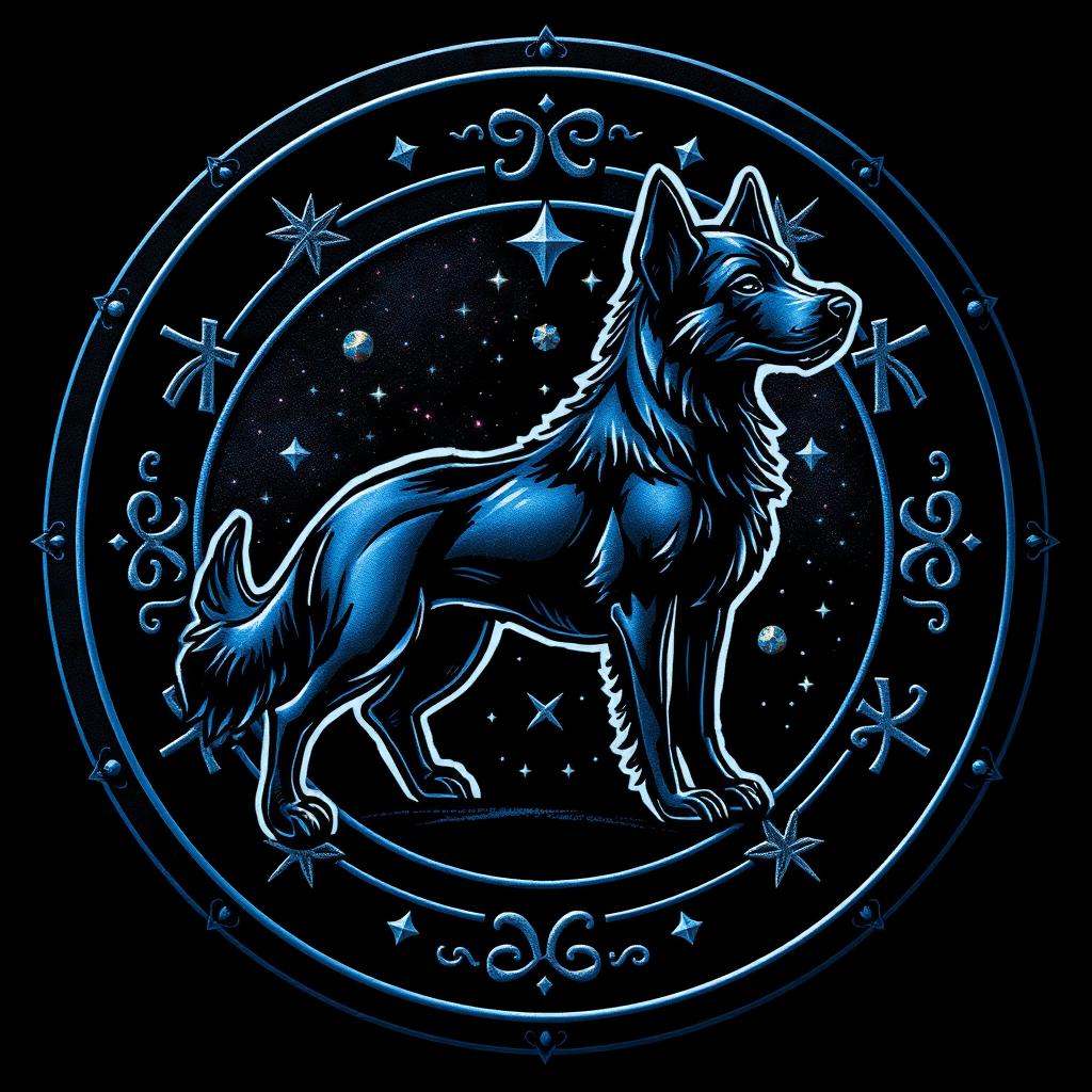 A detailed emblem featuring a stylized dog, surrounded by intricate runes and stars