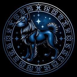 A detailed emblem featuring a stylized dog, surrounded by intricate runes and stars