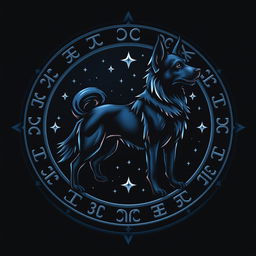 A detailed emblem featuring a stylized dog, surrounded by intricate runes and stars