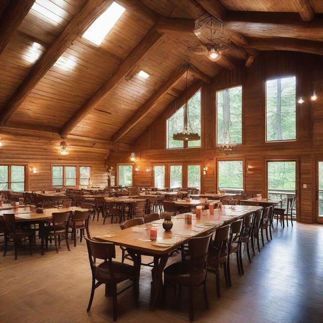 A rustic retreat camp administration building featuring a warm, welcoming gathering area with a robust fireplace. Attached is a vast dining hall, efficiently designed to comfortably seat 80 people.