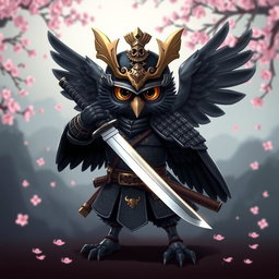 A short black Winged Owlin in full samurai armor, wielding a katana with precision and grace