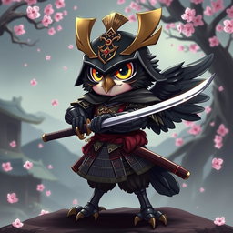 A short black Winged Owlin in full samurai armor, wielding a katana with precision and grace