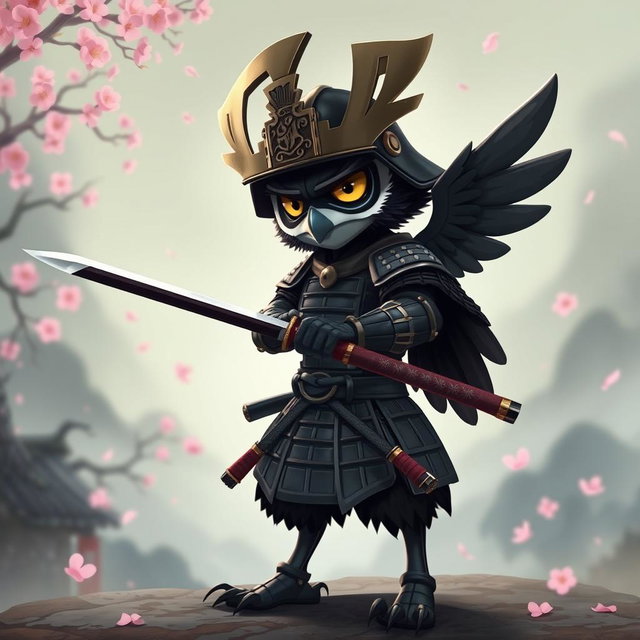 A short black Winged Owlin in full samurai armor, wielding a katana with precision and grace