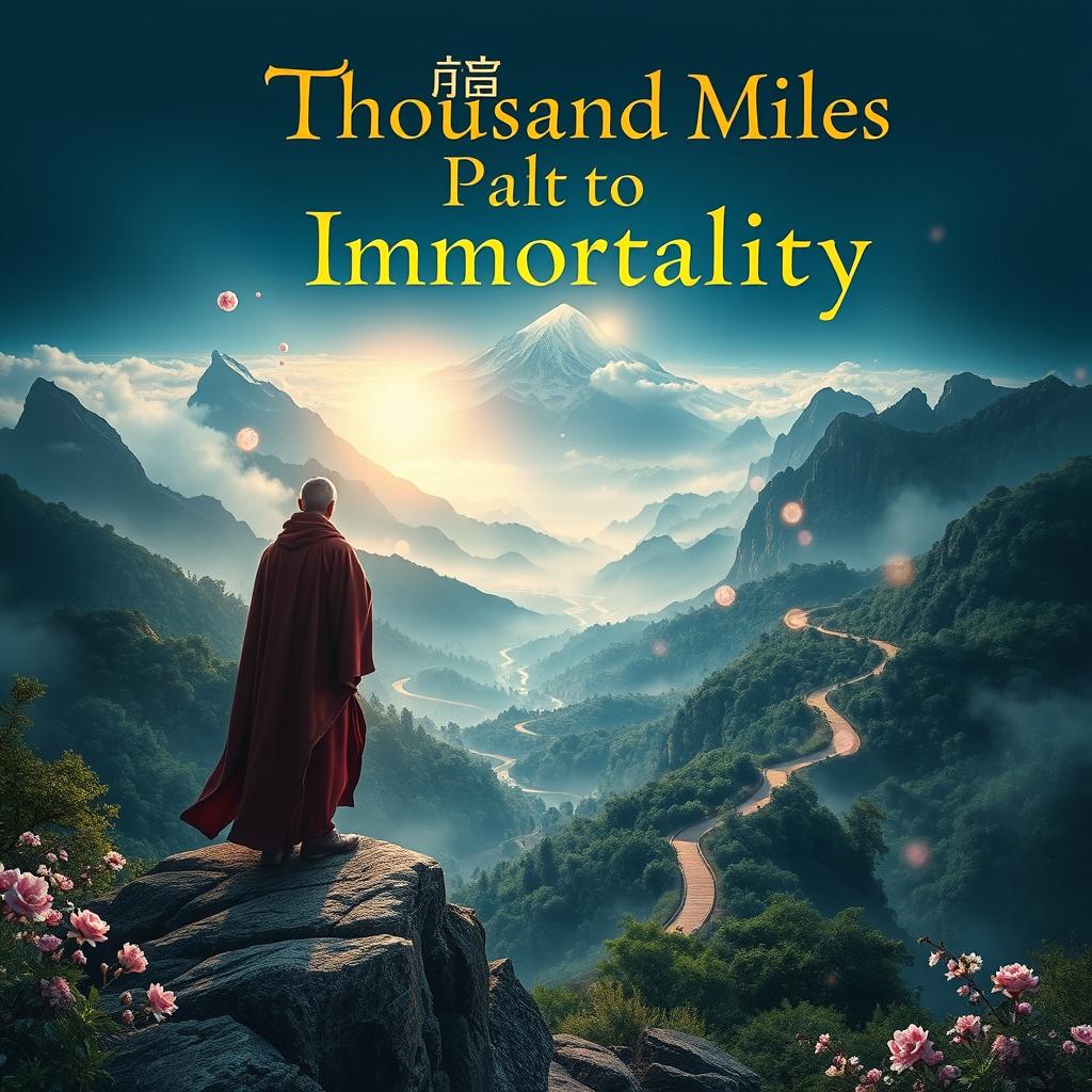 A stunning book cover for a novel titled 'The Thousand Miles Path to Immortality'