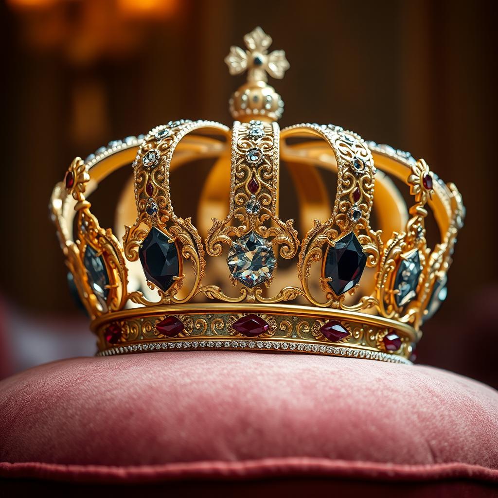 A royal crown adorned with intricate jewels and gold filigree, resting on a velvet cushion