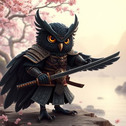 A short black Winged Owlin depicted as a ronin samurai character, dressed in intricate samurai armor that showcases its unique avian features