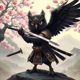 A short black Winged Owlin depicted as a ronin samurai character, dressed in intricate samurai armor that showcases its unique avian features