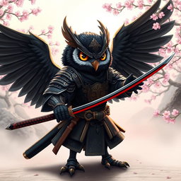A short black Winged Owlin depicted as a ronin samurai character, dressed in intricate samurai armor that showcases its unique avian features