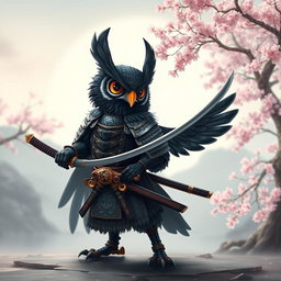 A short black Winged Owlin depicted as a ronin samurai character, dressed in intricate samurai armor that showcases its unique avian features