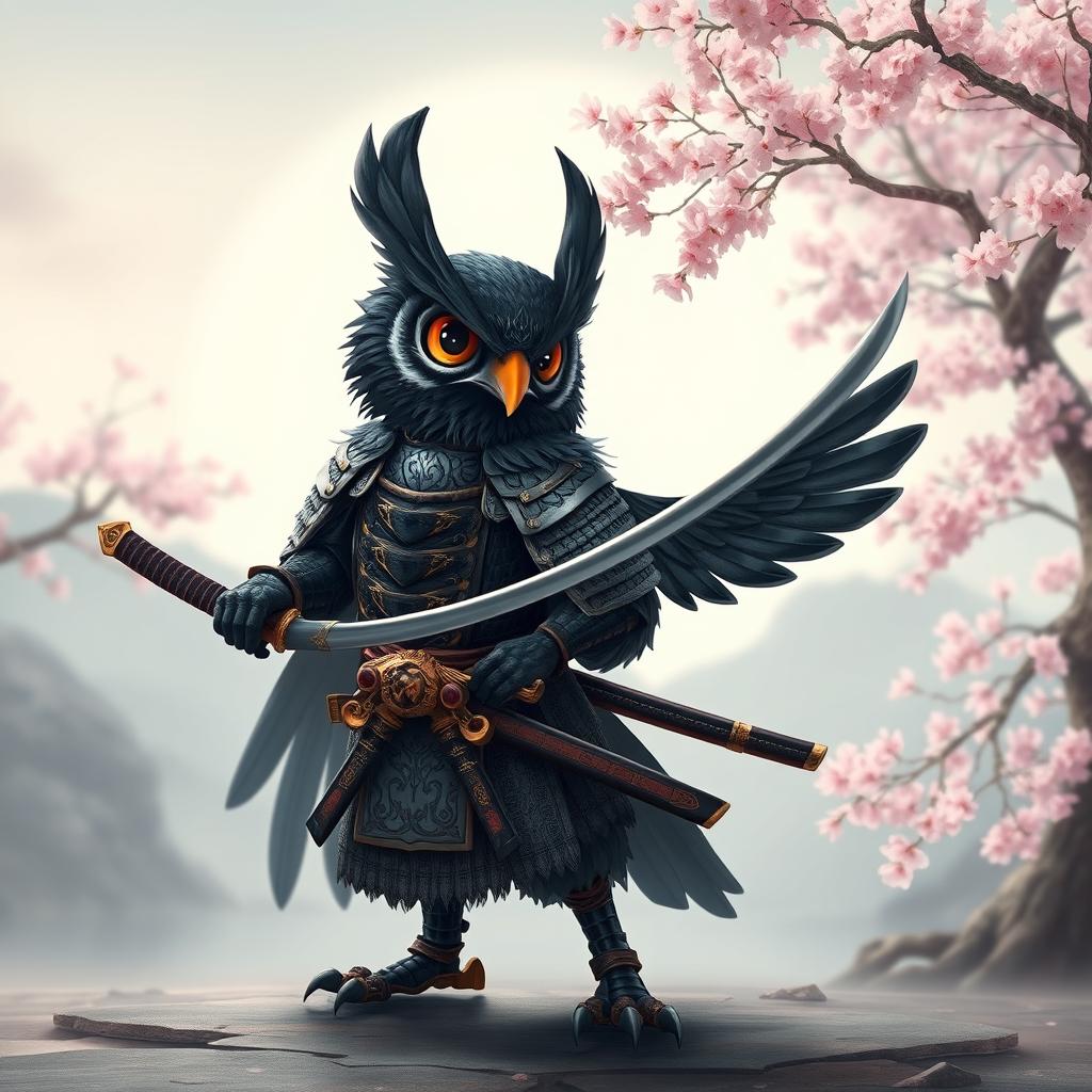 A short black Winged Owlin depicted as a ronin samurai character, dressed in intricate samurai armor that showcases its unique avian features