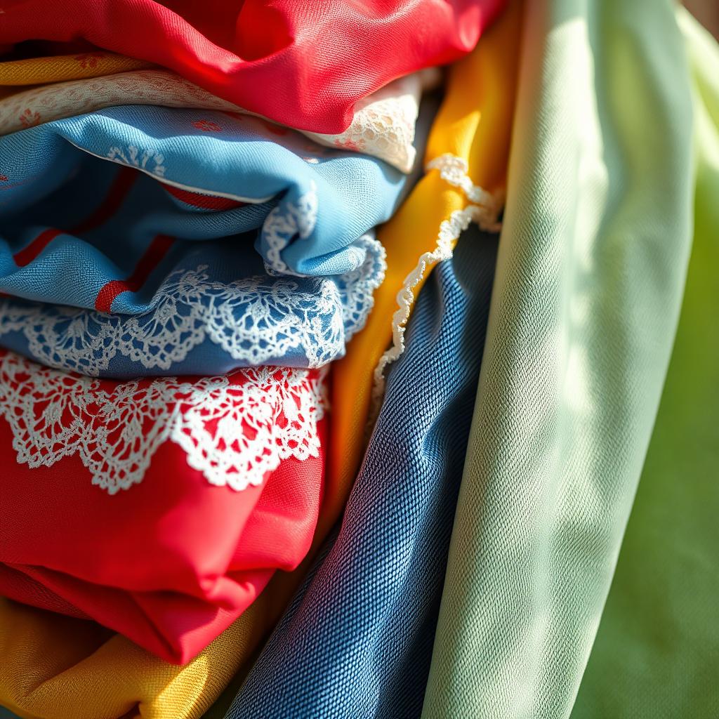 A close-up shot of a variety of beautiful, colorful fabrics neatly arranged