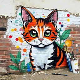 An unfinished mural of a cat on a brick wall, showcasing vibrant colors and lively brush strokes