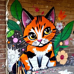 An unfinished mural of a cat on a brick wall, showcasing vibrant colors and lively brush strokes