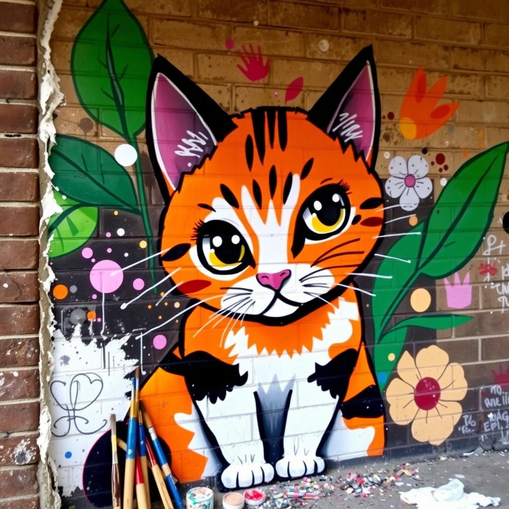 An unfinished mural of a cat on a brick wall, showcasing vibrant colors and lively brush strokes