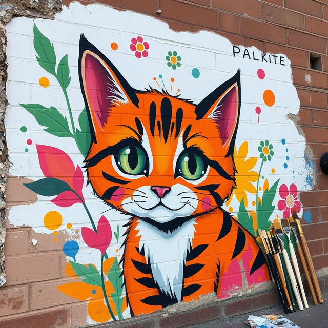 An unfinished mural of a cat on a brick wall, showcasing vibrant colors and lively brush strokes