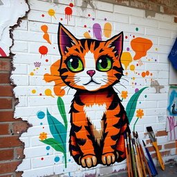 An unfinished mural of a cat on a brick wall, showcasing vibrant colors and lively brush strokes