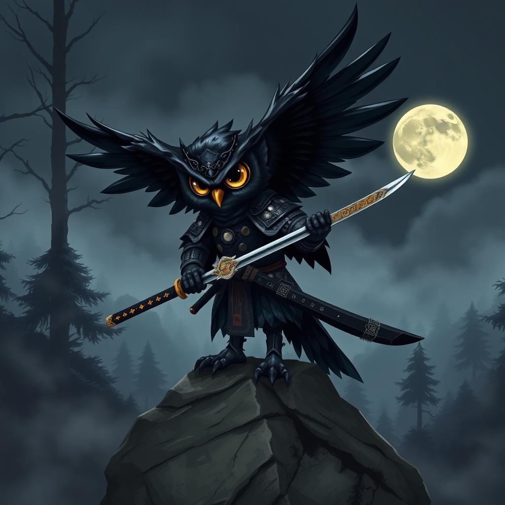 A short black-winged Owlin ronin samurai character from a Dungeons & Dragons setting, depicted in a striking pose atop a rocky outcrop